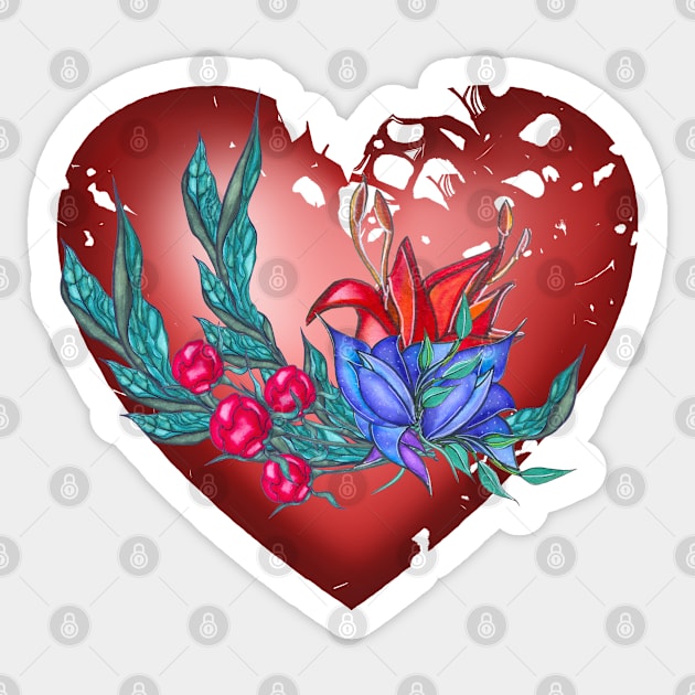 Heart with blue and red flowers and green branches Sticker by KateQR